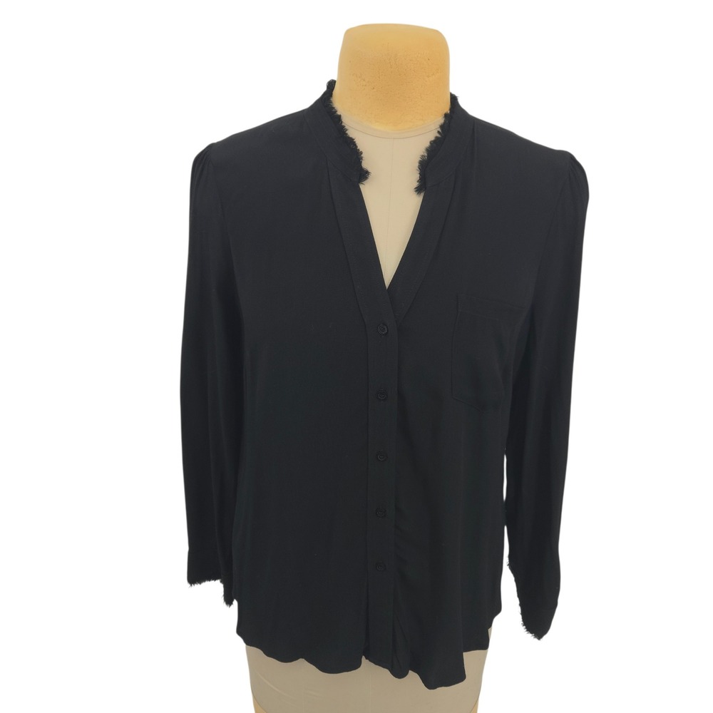 Greylin Blouse Women Large Black Frayed Trim V-Neck Long‎ Sleeve Career Office